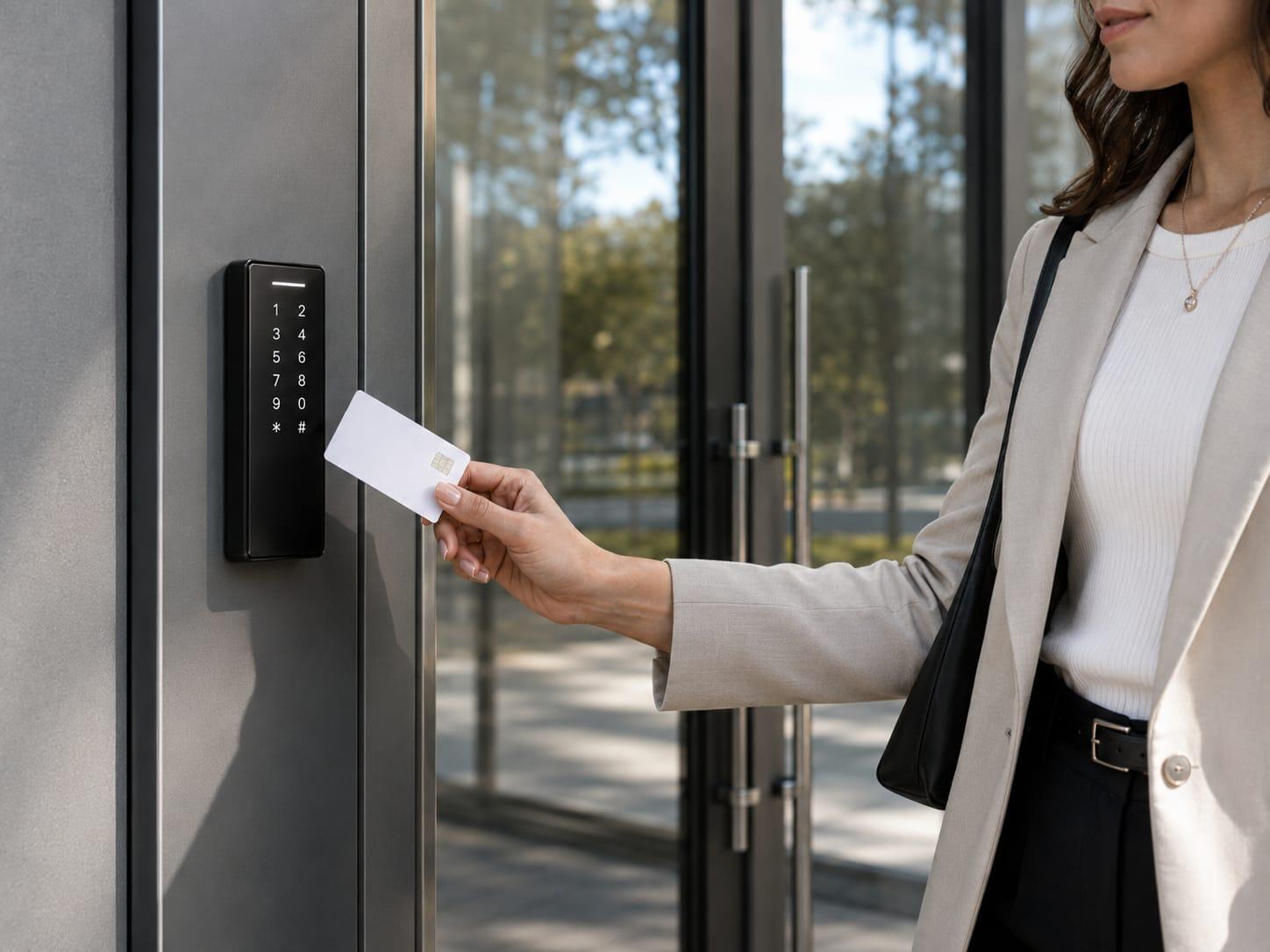 A person presenting an access card to an access control reader