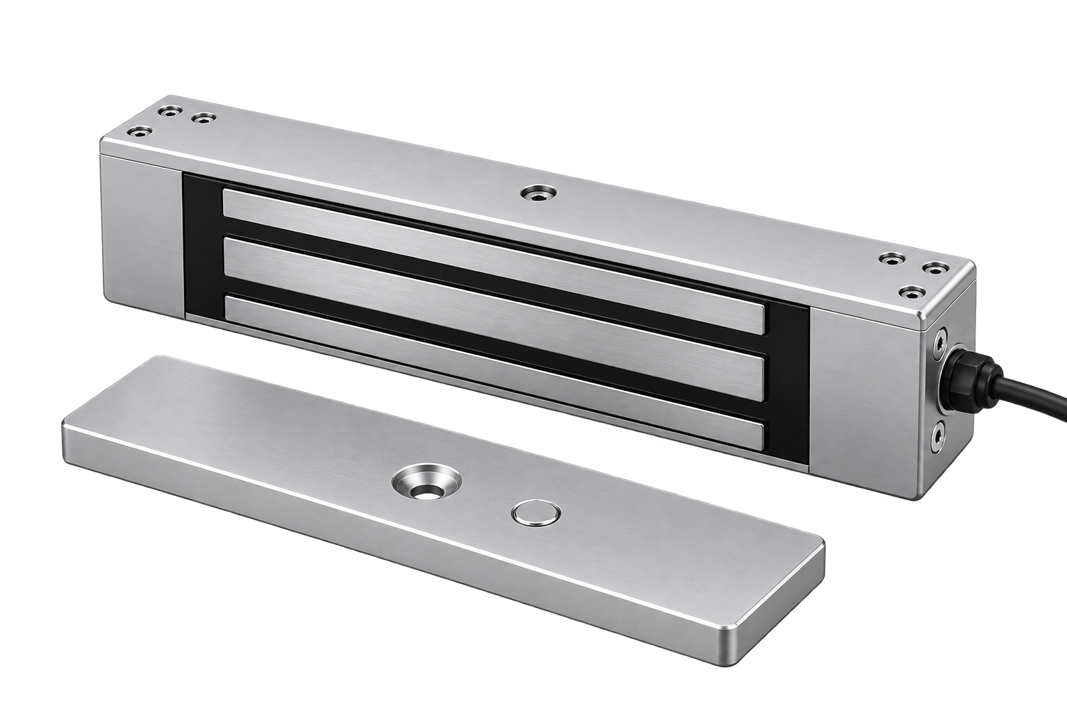 An electromagnetic lock and the steel armature plate mounted on the door